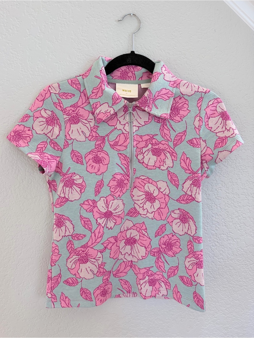 Maeve by Anthropologie Floral Jacquard Zip-Up Polo Top | Pink & Mint | Size S - Picture 2 of 9